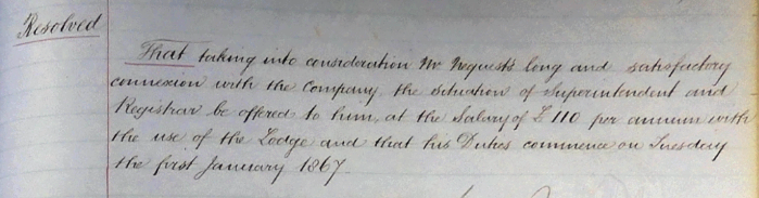 minutes relating to appointment of Edward Newquist to the post of superintendent