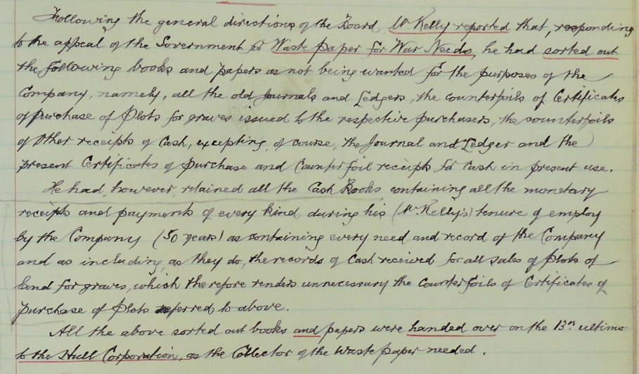 Minute book entry describing Kell's actions in destroying the Company's records.