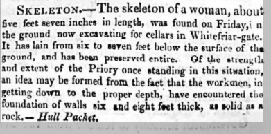 The finding of a skeleton under the Carmelite Friary that used to stand where Whitefriargate now stands 1