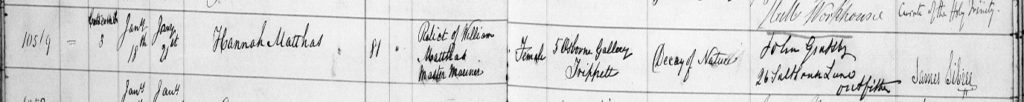 Burial record of Hannah Matthas