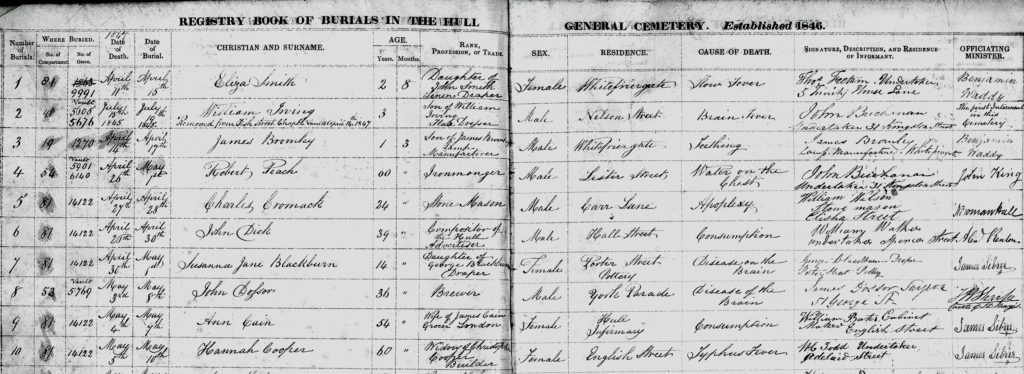 An example of the burial registers.The first 10 burials recorded in HGC