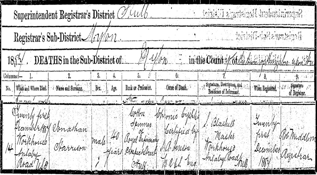 Death certificate of Jonathon Harrison