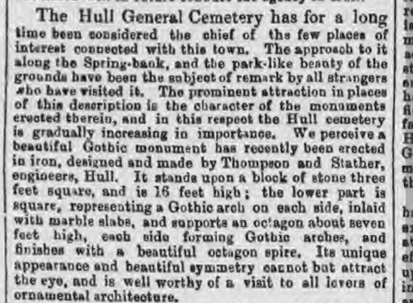 Newspaper item re the erection of the Eleanor Cross on Elizabeth Stather's grave