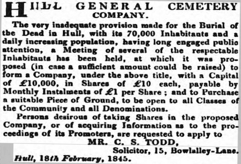 Advert in Hull Packet Feb 1845