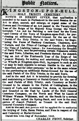 20th November 1846 Public notice re Act of parliament for Holy Trinity to seek part of the HGC