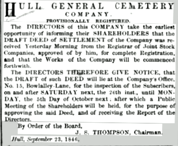 Draft deed of settlement advert, September 1846 Hull Advertiser