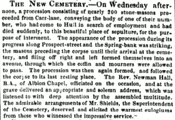 An account of a stone mason's funeral, Hull Packet 30th April 1847