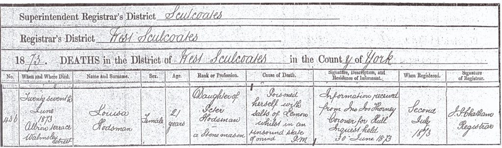 Louisa Hodsman death cert