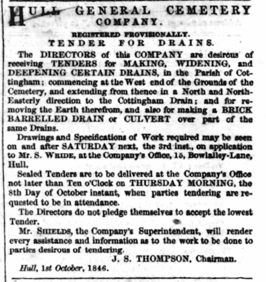 Advert for tenders to construct the drains, 2nd October,1846 Hull Advertiser