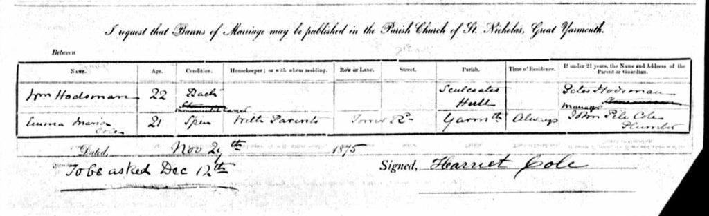 Wm Hodsman wedding banns notice1875
