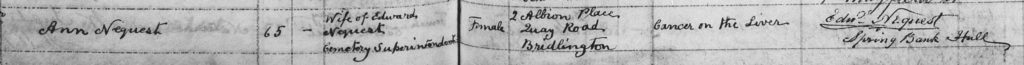 Edward's wife's burial record 1889