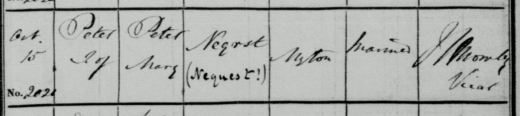 Peter Nequest elder brother bapt 1821