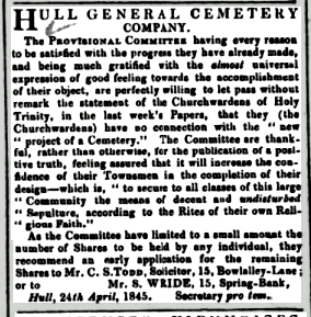 S Wride first prospectus issued for HGC April 1845